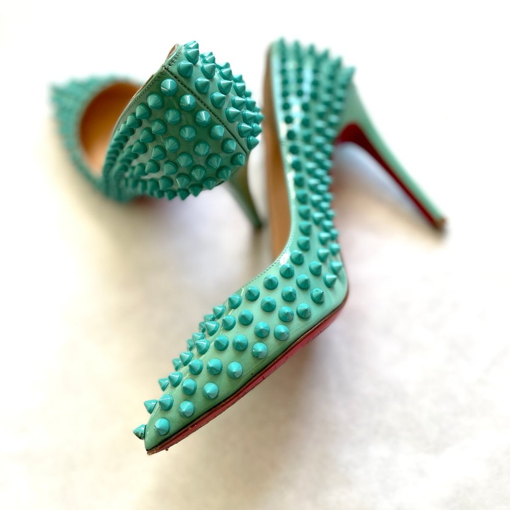 Turquoise Christian Louboutin Pigalle Spikes Patent